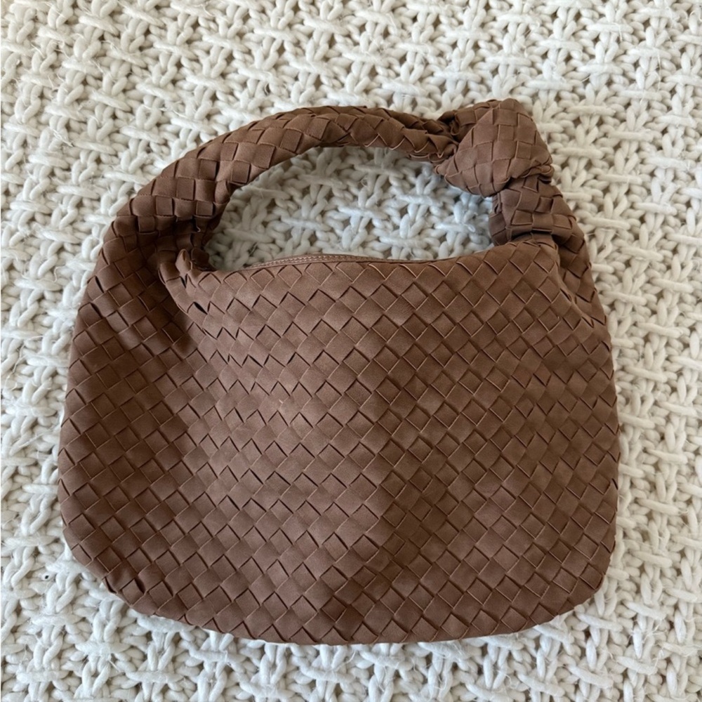 Brown Large Suede Woven Shoulder Bag